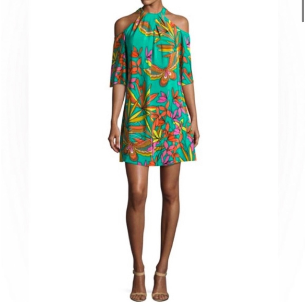 Tina Turk Green Floral Halter Cut Out Sleeve Mini Dress Size Large